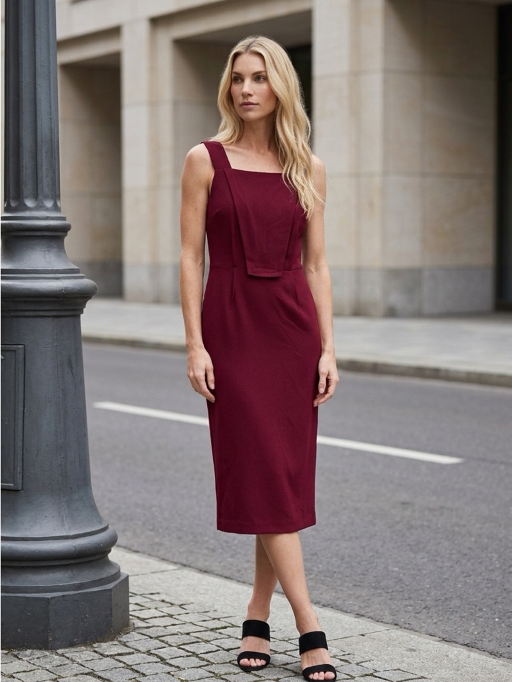 eva mendes for New York & Company Sleeveless Square-Neck Midi Dress in Burgundy